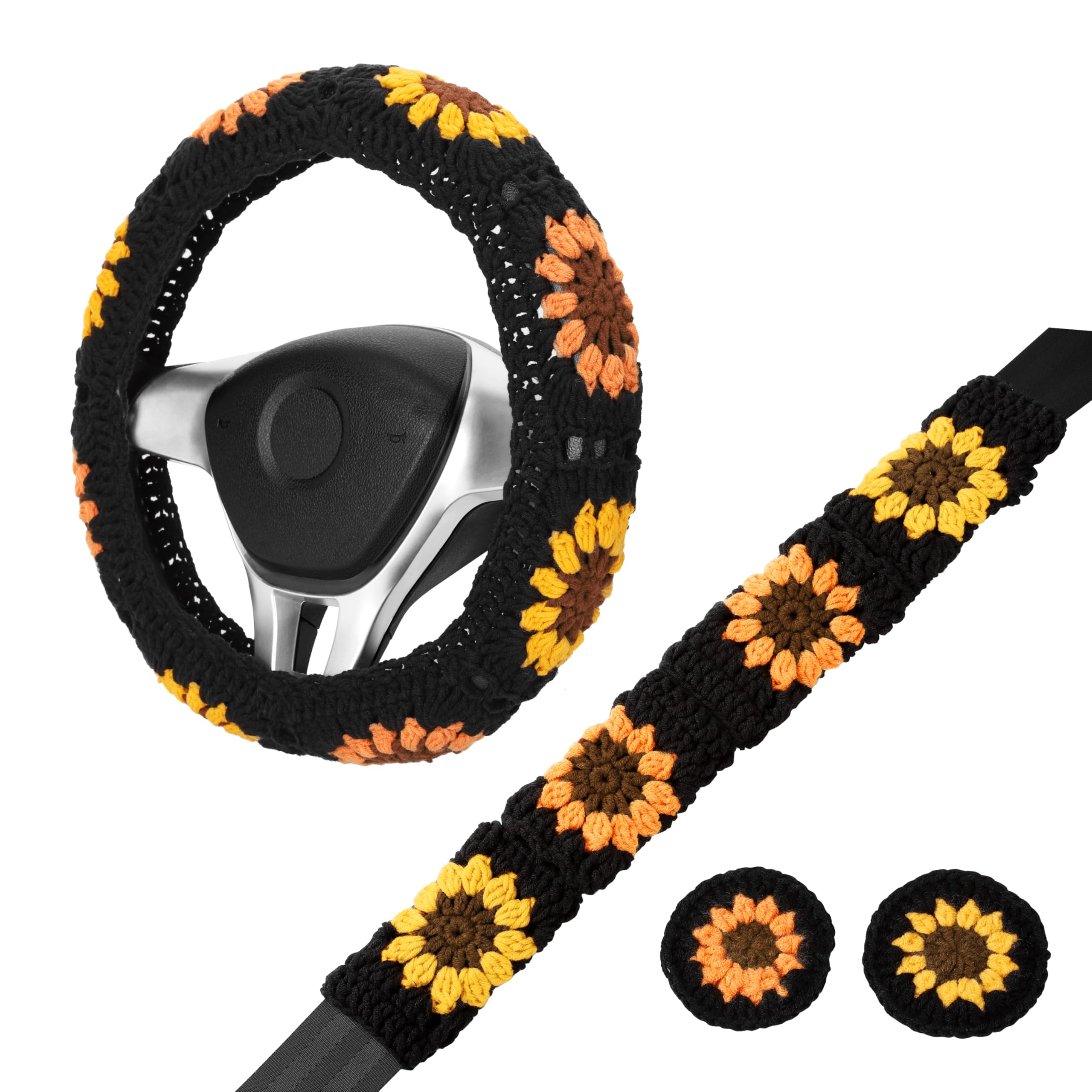 Crochet Steering Wheel Cover Set, Boho 14-15 in, Handmade Black Sunflower Granny Square Pattern Car Decor for Women, Hippie Accessories