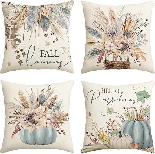 Miniatura 8 de AVOIN colorlife Juego de 4 fundas de almohada otoñales de algodón con diseño de calabaza y trigo con girasol, 12 x 20 pulgadas, color naranja