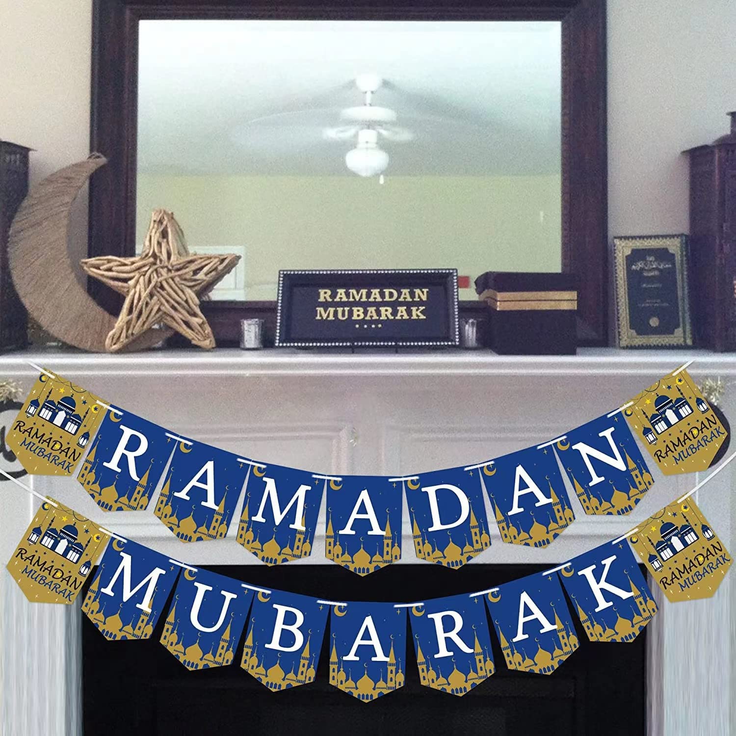 Happium Striscione Ramadan Mubarak Con Luna E Stella - Decorazione Festiva In Cartone - Banner Per Eid E Feste