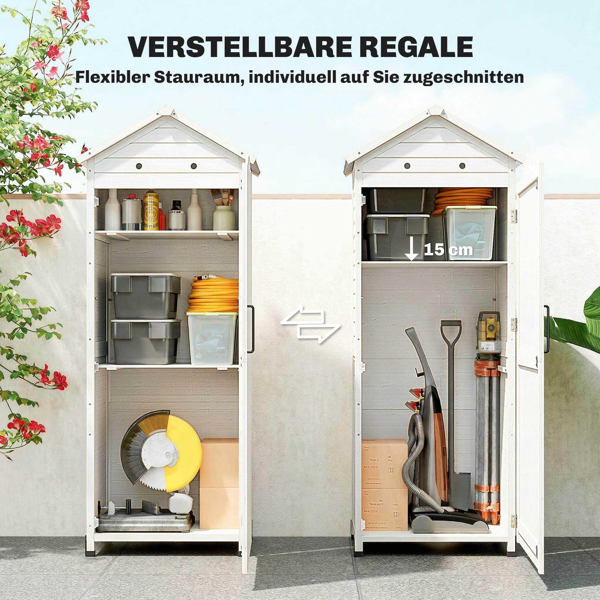 Outsunny Armario de jardín de madera extraalto con estante ajustable, puerta galvanizada, techo, ventilación, protección antivuelco, 85 x 58 x 213 cm, para jardín, terraza, color blanco