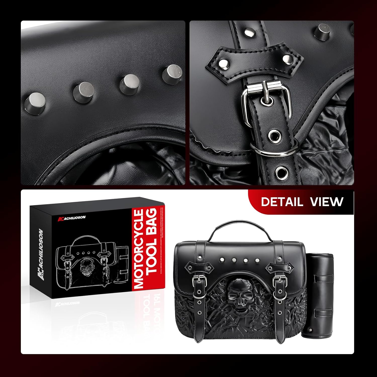 14L Motorcycle Tool Bag 3D Skull Embossed PU Leather Saddlebag with Handlebar Roll Bag, Universal Waterproof Black Motorcycle Side Bags Storage Pouch for Most Motorcycles