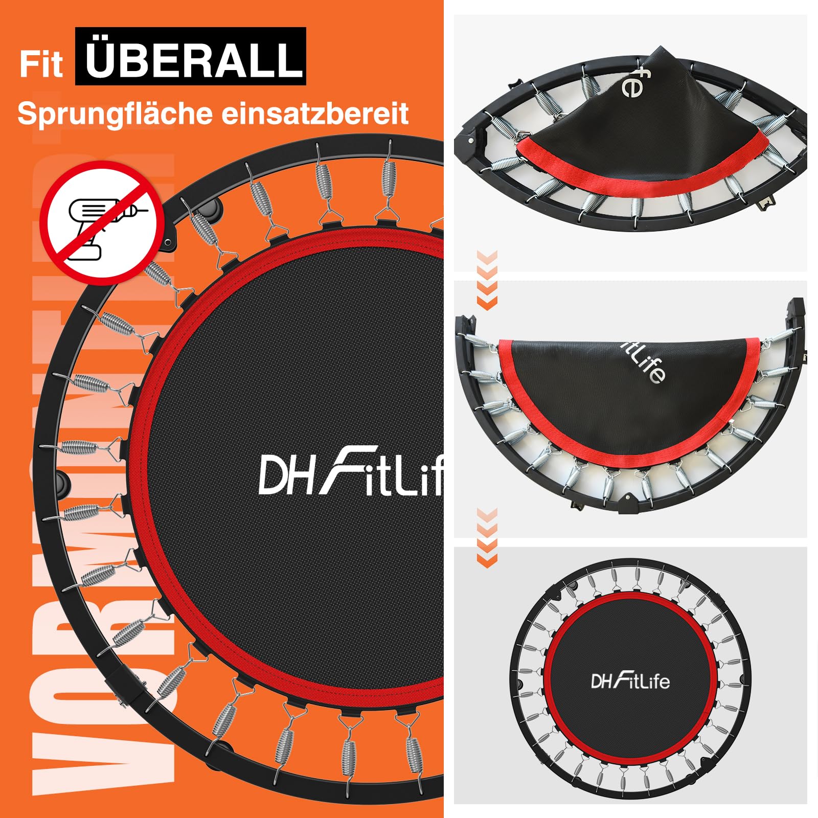 DH FitLife Fitness Indoor Trampolin klappbar mit vormontierter Sprungmatte | Ø102 cm 40 Zoll Mini Trampoline | 150 kg belastbar | 4-Fach Verstellbarer Handgriff | stabil & leise
