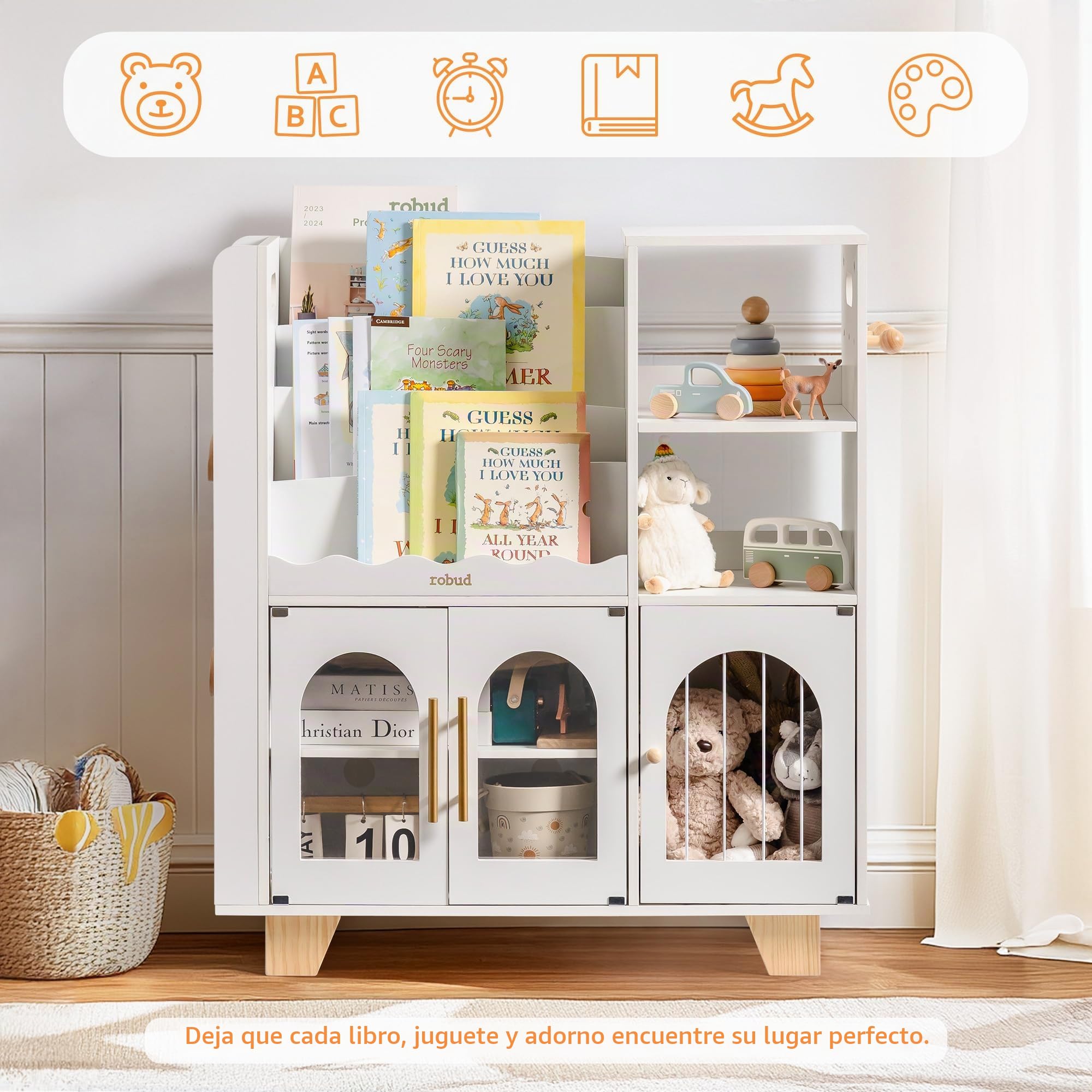 ROBUD Estantería para Libros Infantiles, Color Blanco, de Madera, Varios Niveles, con Zona de Almacenamiento de Juguetes, Armario Infantil para Grandes Libros de imágenes, Muebles Infantiles