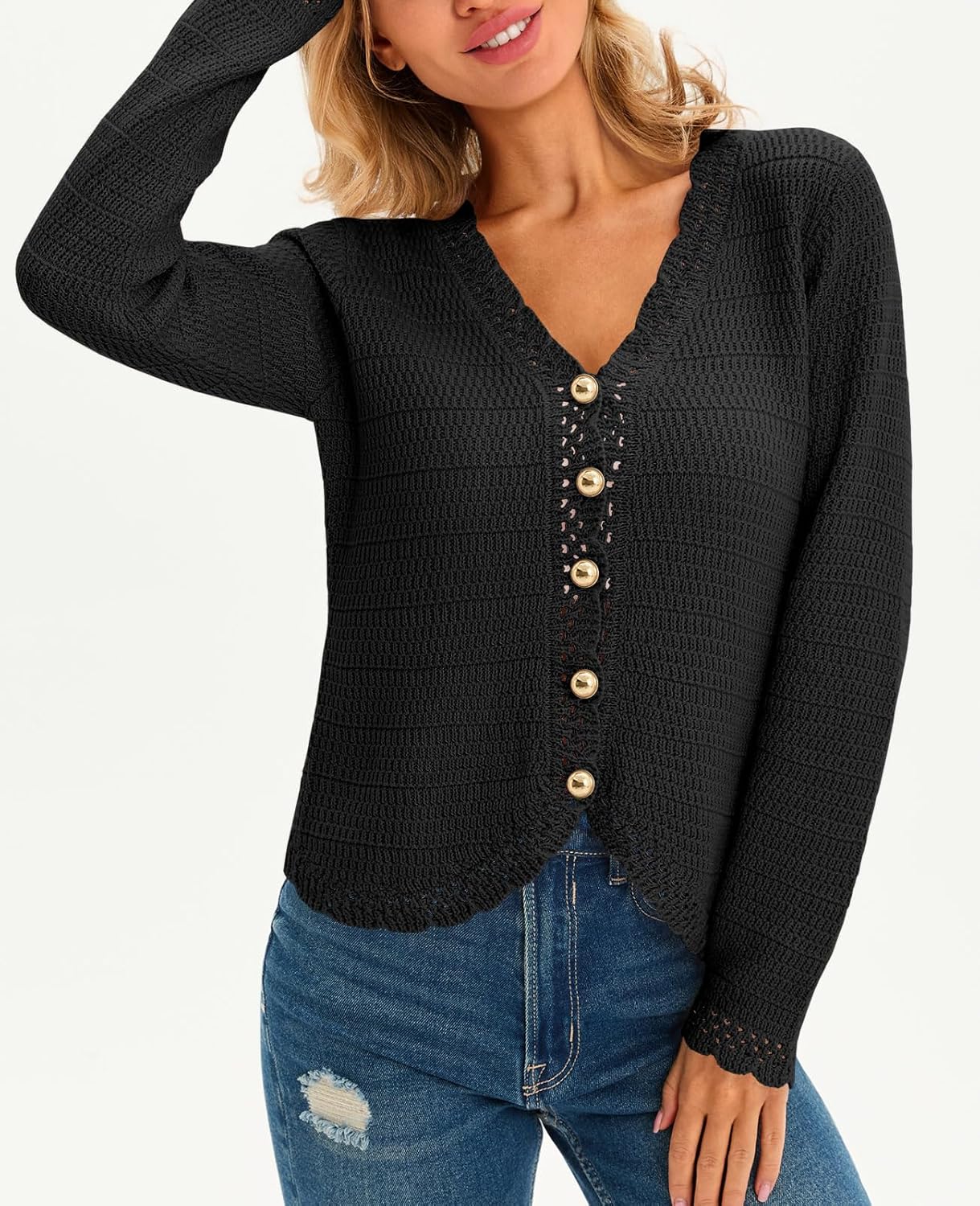 Saodimallsu Womens V Neck Cardigan Sweaters Button Up Cropped Boho Knit Long Sleeve Loose Trendy Sweater Tops - Image 4