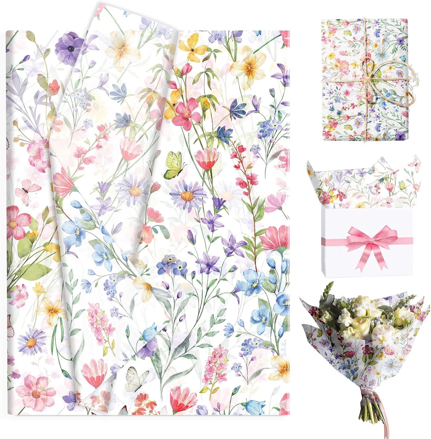 50 Sheets Wildflower Tissue Paper - 28x20 Inch Watercolor Flower Gift Wrapping Paper, Colorful Wildflower DIY Art Craft Papers for Flower Shower Wedding,Birthday,Baby Shower & Party Decor Supplies