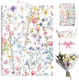 파스텔 야생화 나비 티슈 포장지 100장, 35.6 x 50.8cm(14 x 20인치) 봄 꽃 패턴 장식 티슈 페이퍼 브라이덜 샤워, 생일, 결혼 선물 가방 및 부케 필러
