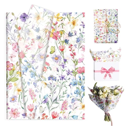 100 Sheets Pastel Wildflower Butterfly Tissue Wrapping Paper, 14x20 Inch