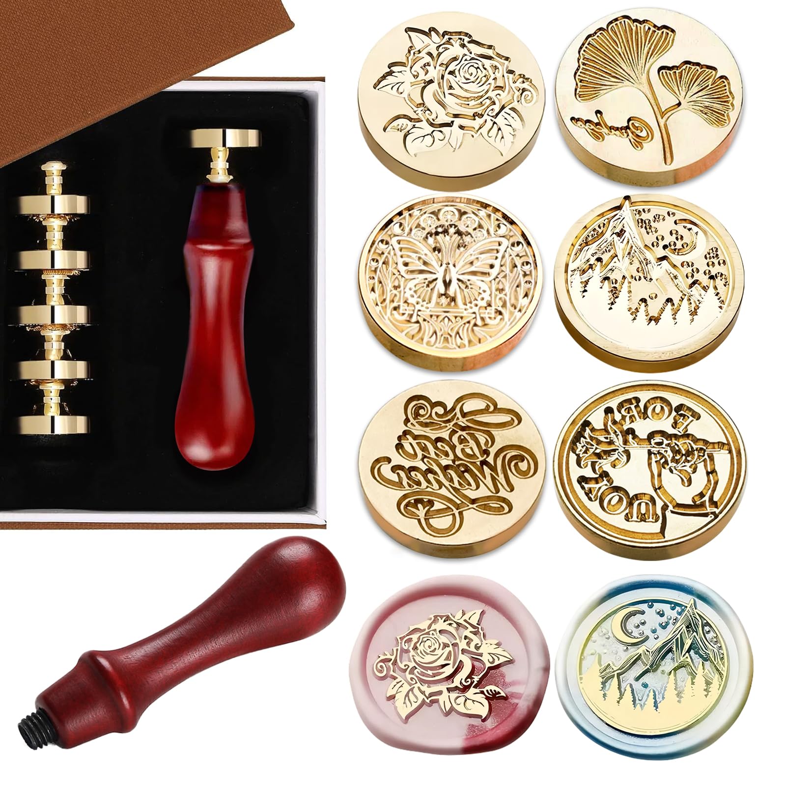 HPWF 6 Pieces Wax Seal Stamp with Wooden Hilt Set for Envelopes Invitation Cards, Blessing Sealing Wax Kit Gift Box, Vintage Handmade Gift Decoration & Wedding Party Supplies