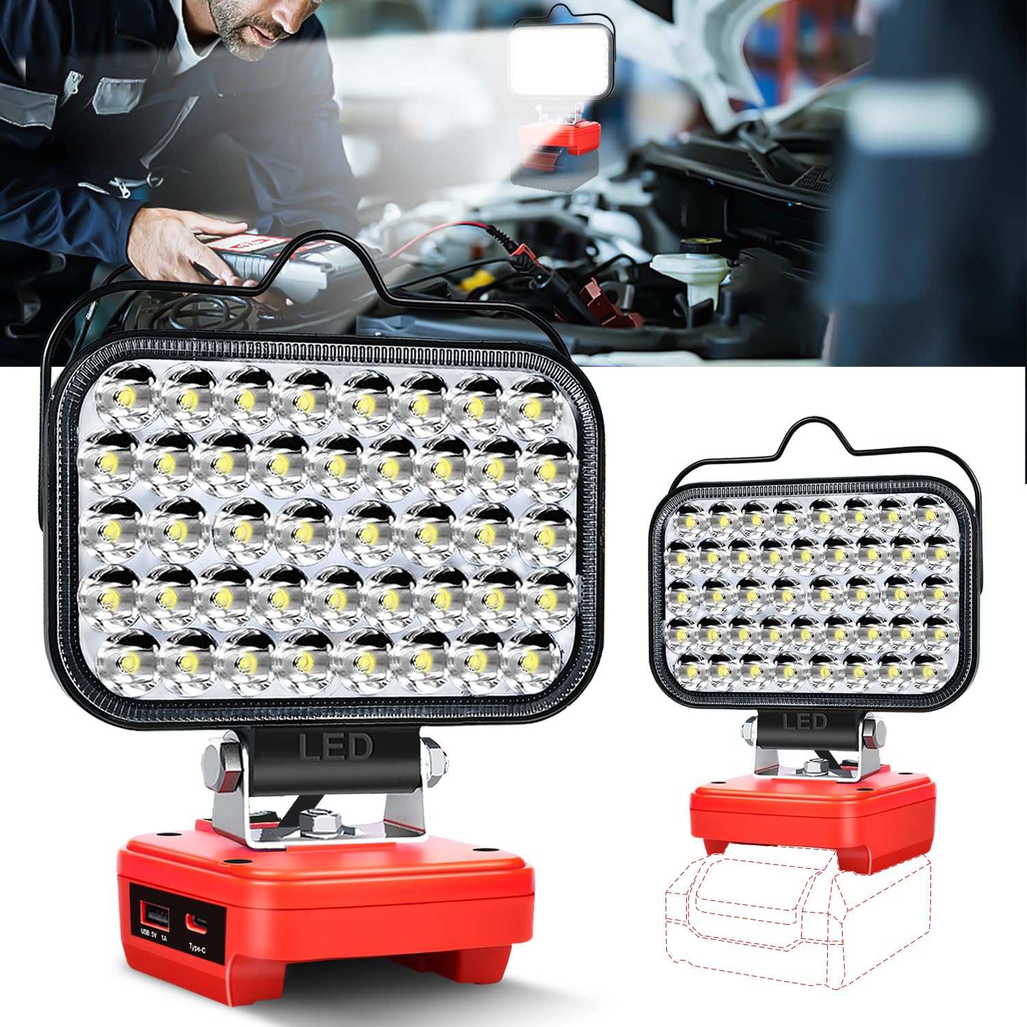 Cordless LED Work Light For Einhell 18V Battery, Portable Flood Lights 80W Spotlight Compact Lighting 8000LM With Type C & USB Fast Charging For Camping,Hiking, Fishing,Power Failure,Job Site,Workshop