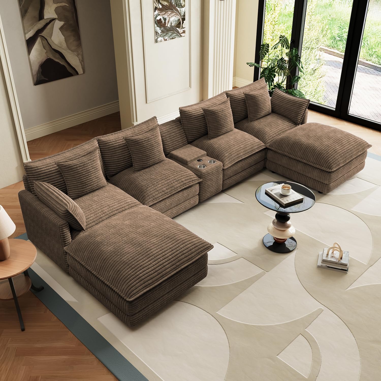 143" U Shaped Cloud Couchse Sectional,Fluffy Plush Corduroy Lagre Sectional Couches for Living Room,Modular Sectional Sofa Set, 6 Seat Oversized Corduroy Couch with Storage Console,Brown