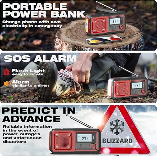 Miniatura 4 de Radio de emergencia de manivela de 5000 mAh, radio meteorológica, radios solares que funcionan con pilas, radios de alerta meteorológica NOAAAMFM