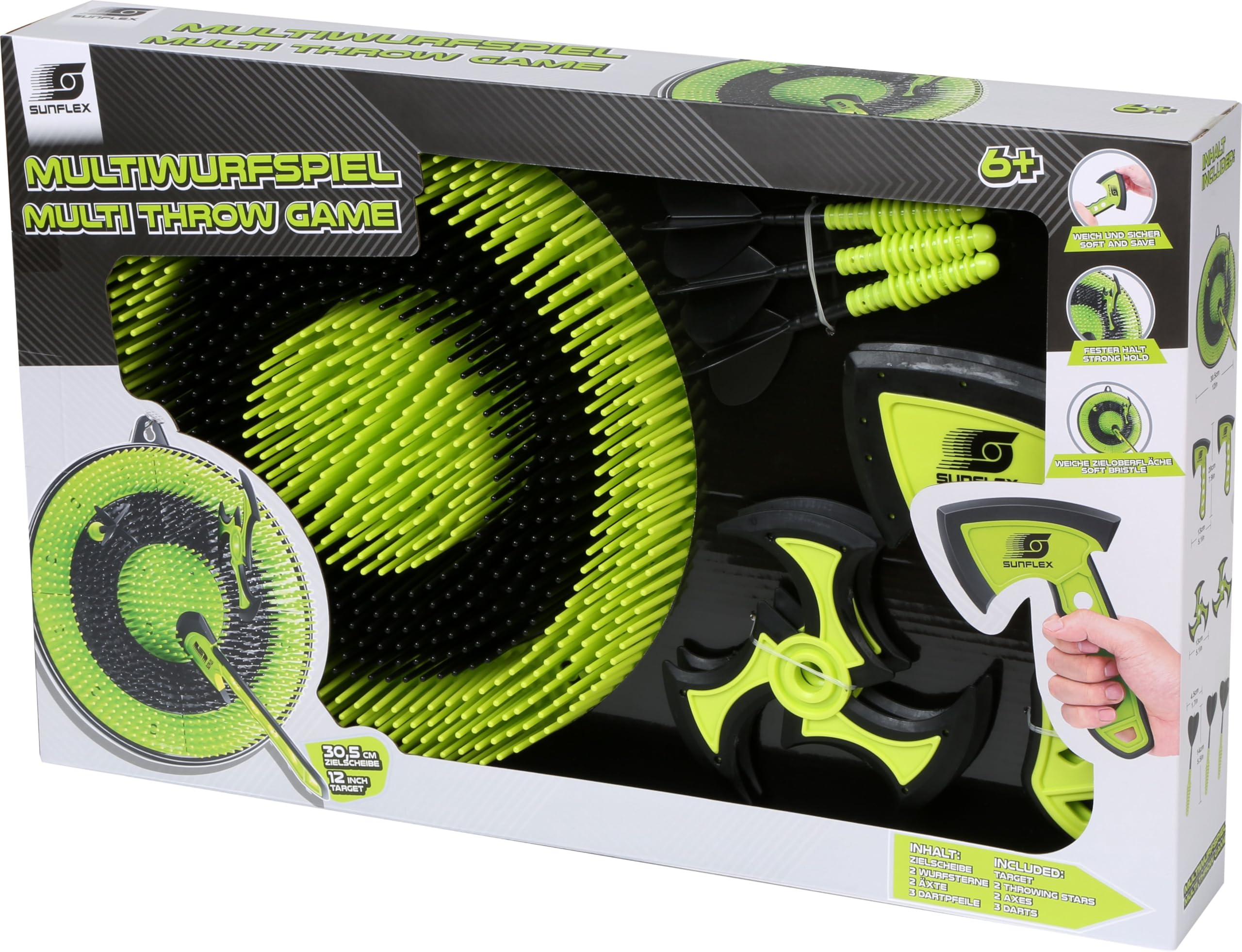 Sunflex® Multiwurfspiel | Kinderwurfspiel mit Zielscheibe, Wurfsterne, Äxte, Pfeile | Axtwurfspiel & Dartspiel mit Zielscheibe für Kinder ab 3 Jahren | Indoor & Outdoor Action