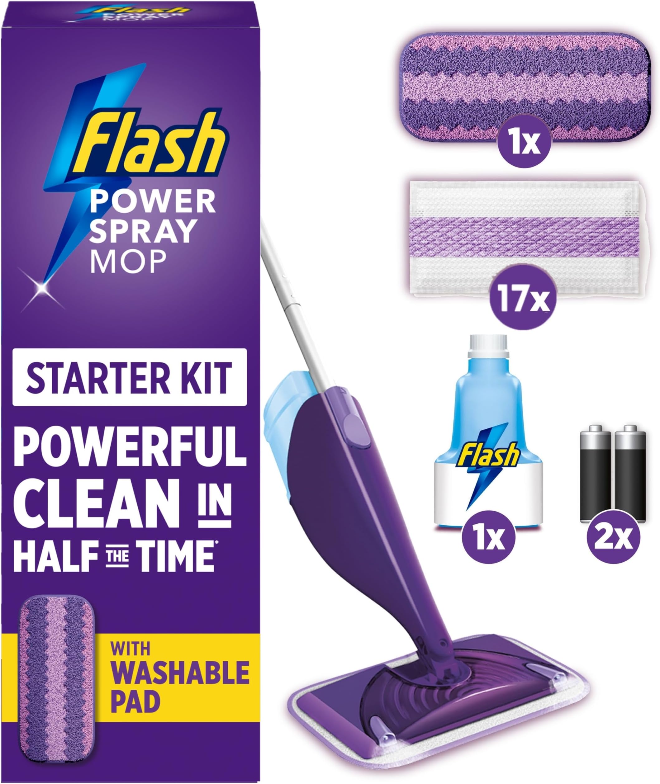 Power Spray Mop Floor Cleaner Starter Kit (1 Washable + 17 Disposable Pads), All-In-One System For Your Floors