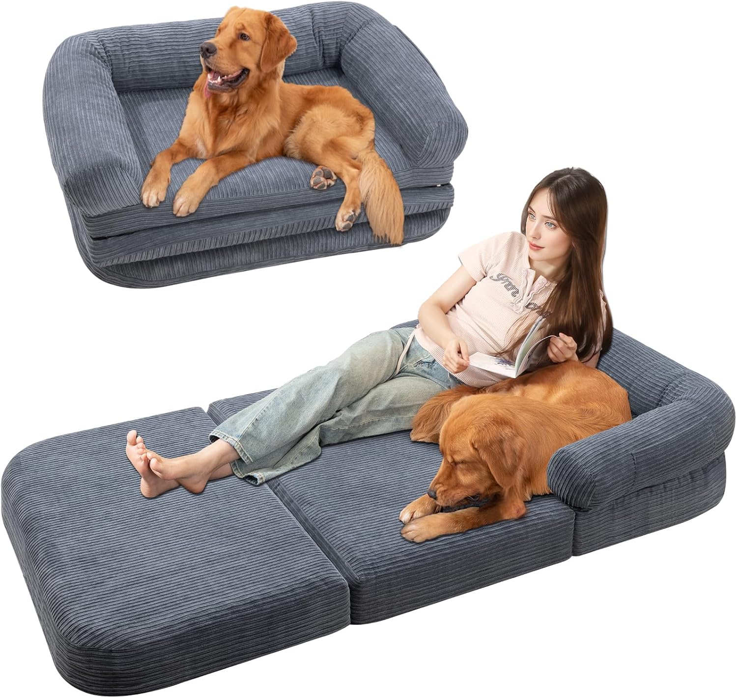 Foldable Human Dog Sofa Bed, 73x42x10 in Faux Fur Orthopedic Pet Bed with Egg Foam Mattress, Portable Dog Bed for Adults, Camping Indoor Use