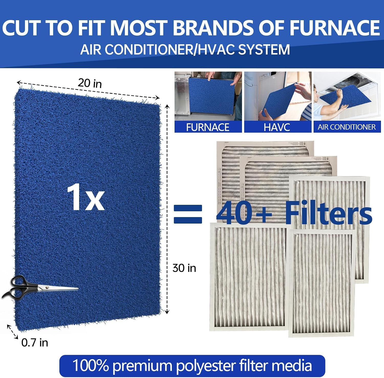 Ubeesize Reusable Air Filter 20x30, Furnace Filters Cut to Fit Air Conditioner MERV 6 Replacement for HVAC RV Washable AC Filter Media (Actual Size 20x30x0.7 inch)