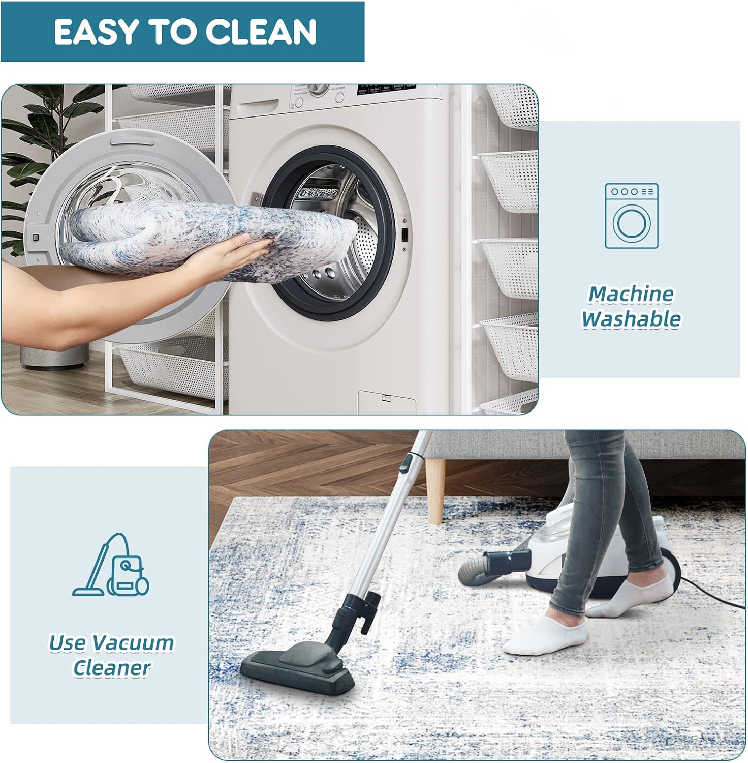 Dripex Abstract Indoor Area Rug, Washable 5x7 Blue Rug - Resist Stain & Non-Shedding, Non-Slip Bedroom Contemporary Area Rugs Fluffy Carpet for Living/Kids Room Kitchen, Mist Blue Floor Mats for Home