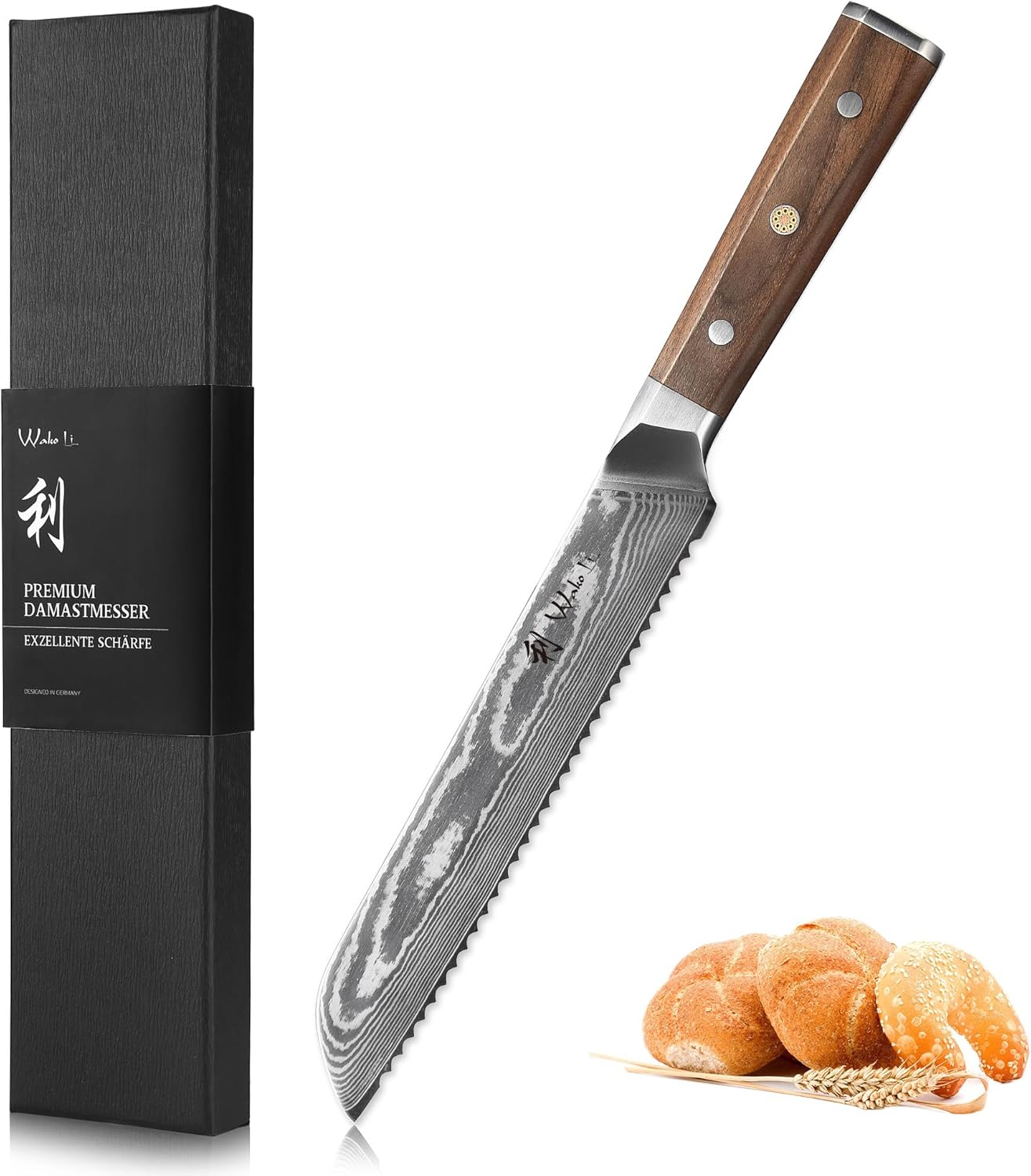 Wakoli HIK Full Tang Damascus Bread Knife – Serrated Kitchen Knife | 8-Inch Blade Made of 67-Layer Damascus Steel with VG10 Core | Walnut Wood Handle | Sharp, Durable, Gift Box Included