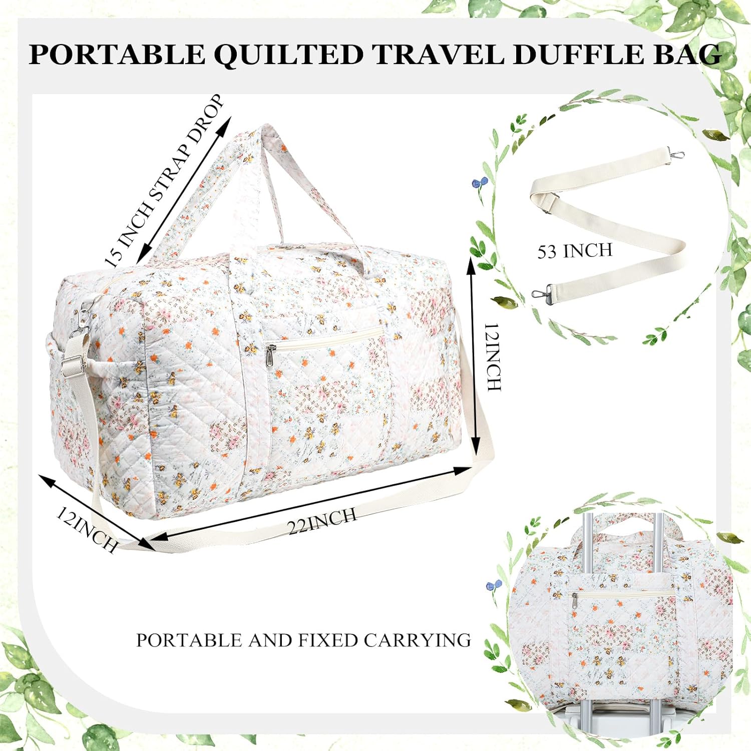 Large Quilted Travel Duffle Bag for Women Floral Portable Gym Weekender Bag with Zipper Pockets Workout Grocery Pouch Duffle Gift Pouch for Work(Light Colored Spliced Floral) - Image 6