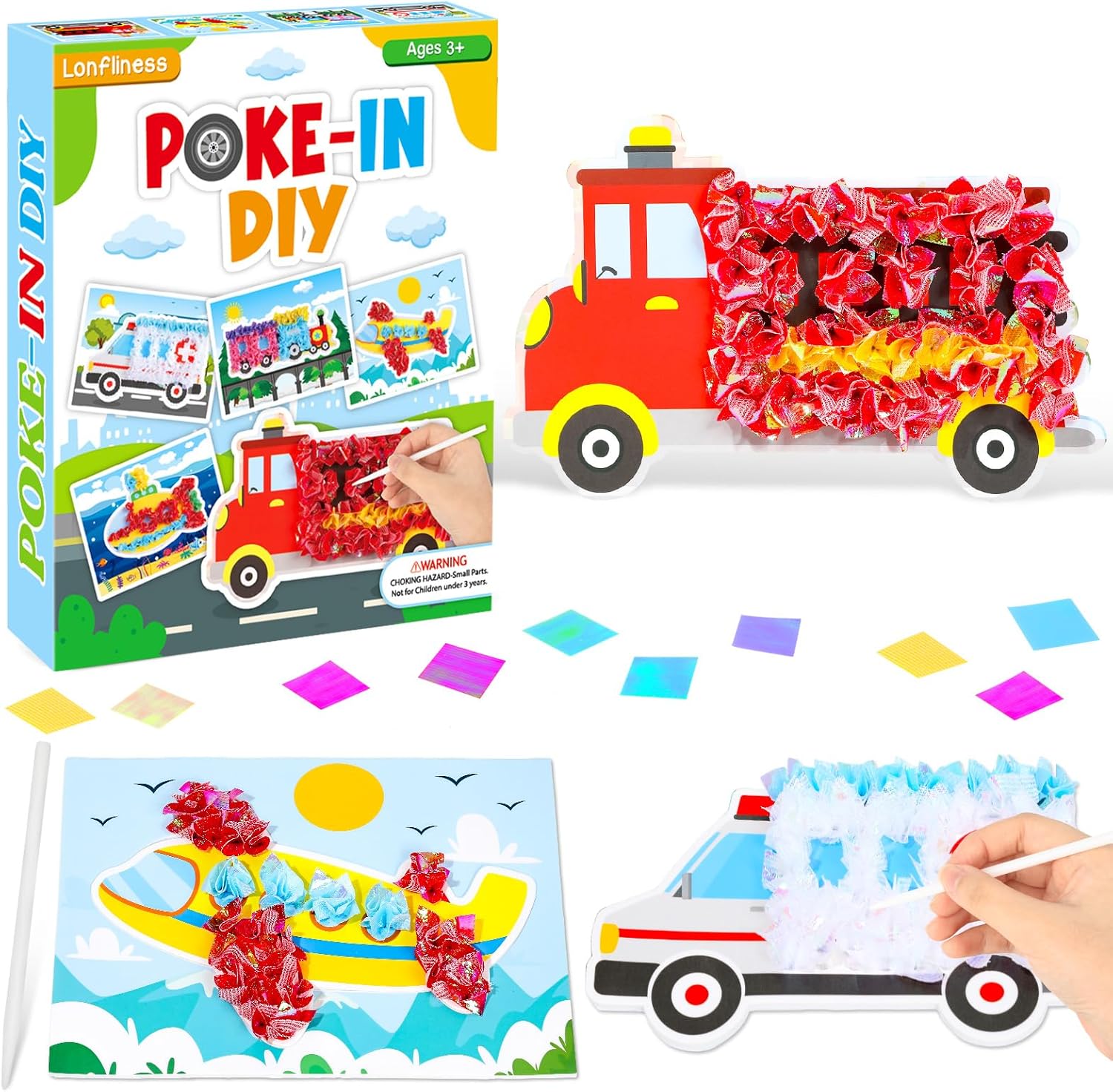 Lonfliness 8PCS Poke Craft Kit Transportation Vehicle No-Mess Fabric Sewing Art Puzzle Puncture Painting Truck Car Gift Creative Activity Game Birthday Party Favors