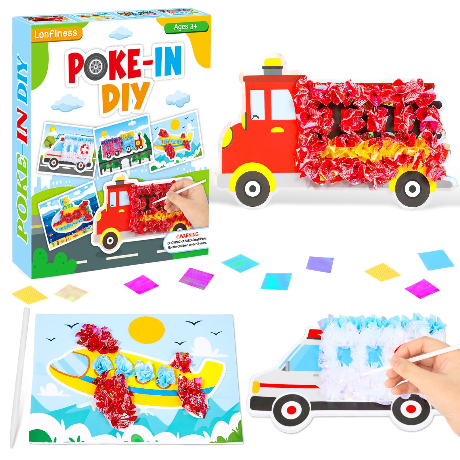 Lonfliness 8PCS Poke-in Craft and Art Kit Transportation Vehicle Theme No-Mess Fabric Sewing Art Puzzle Puncture Painting Truck Car Toy Gift Creative