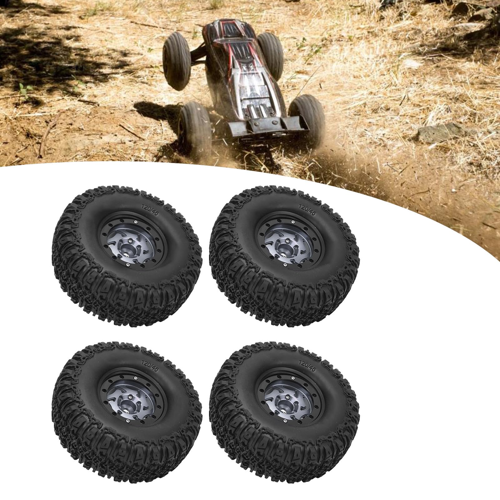 Dilwe 4-teiliges RC-Crawler-Naben- und Reifen-Set, Kratzfestes Kunststoff-Aluminiumlegierungs-Felgen-Set für RC-Autos, 120 X 46 Mm (Ti-Farbe