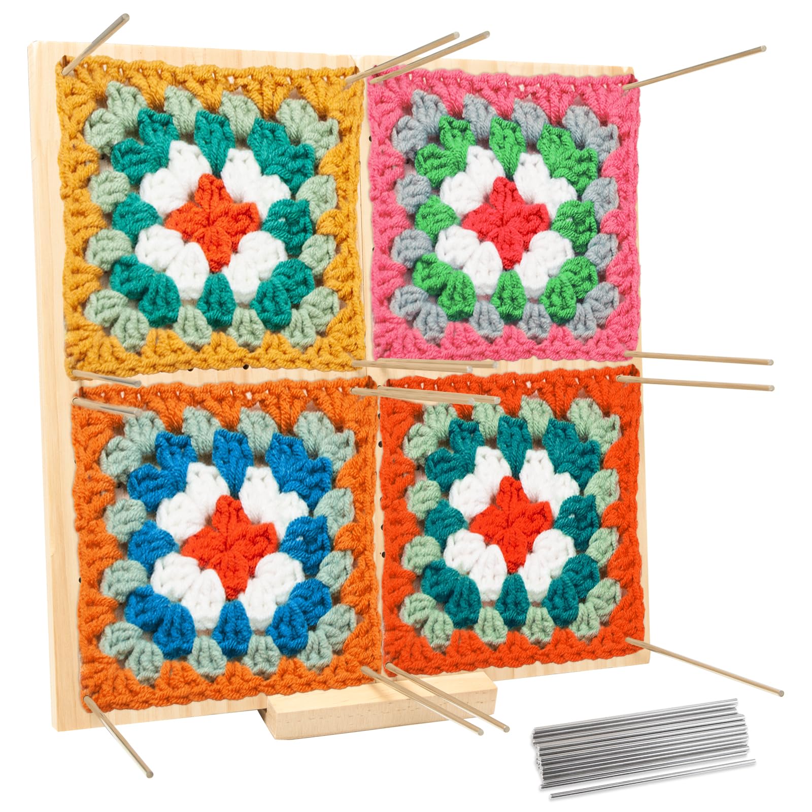 Blocco di Blocco per Granny Square 30x30 cm Tappetino Lavorare a Maglia in Legno con 30 Perni in Acciaio Inox Blocchetto Quadrato in Legno per Piccole Parti a Maglia o Uncinetto