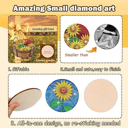 Miniatura 4 de 8 posavasos de diamante de girasol con soporte, posavasos de arte de diamante, pequeños manualidades para adultos, kits de arte de diamantes