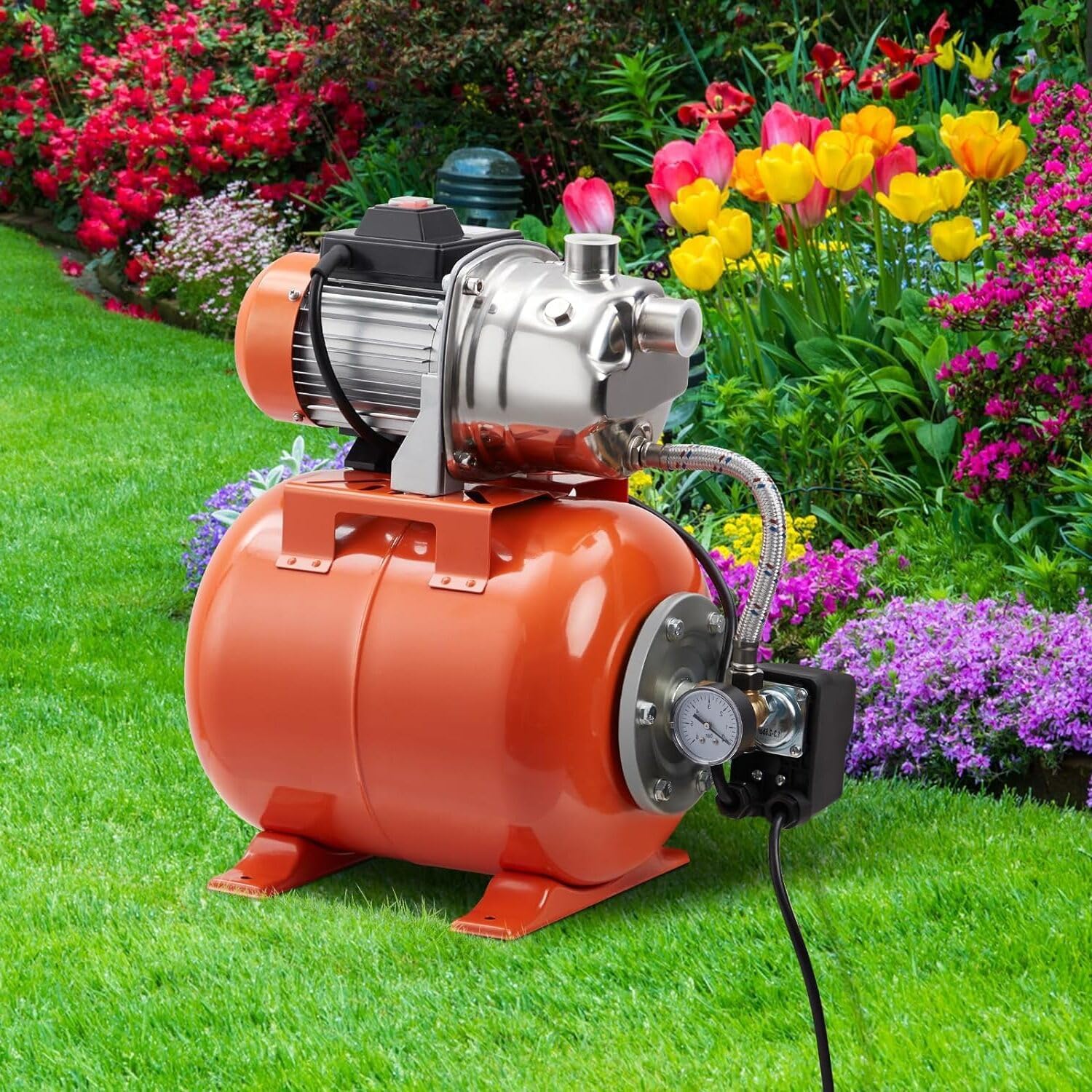 GAOMON 1.6HP Orange Above Ground Shallow Well Jet Pump with Pressure Tank and Automatic Water Booster - 115V Irrigation Pump, Perfect for Garden and Lawn Use