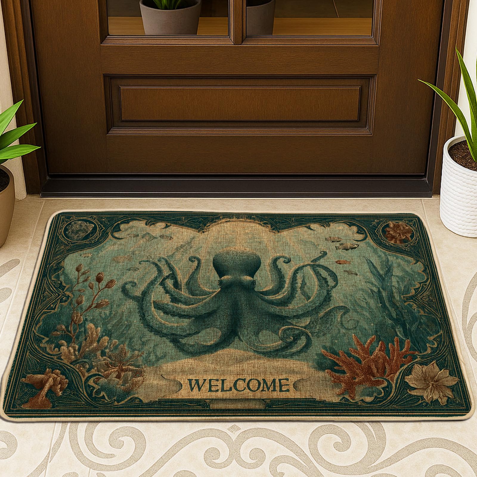 Ocean-Themed Welcome Doormat, Teal Octopus Door Mat for Outdoor & Indoor Entryway Nautical Decor, Non-Slip Dust Absorbent Floor Mat, Easy to Clean 29x17 Inch
