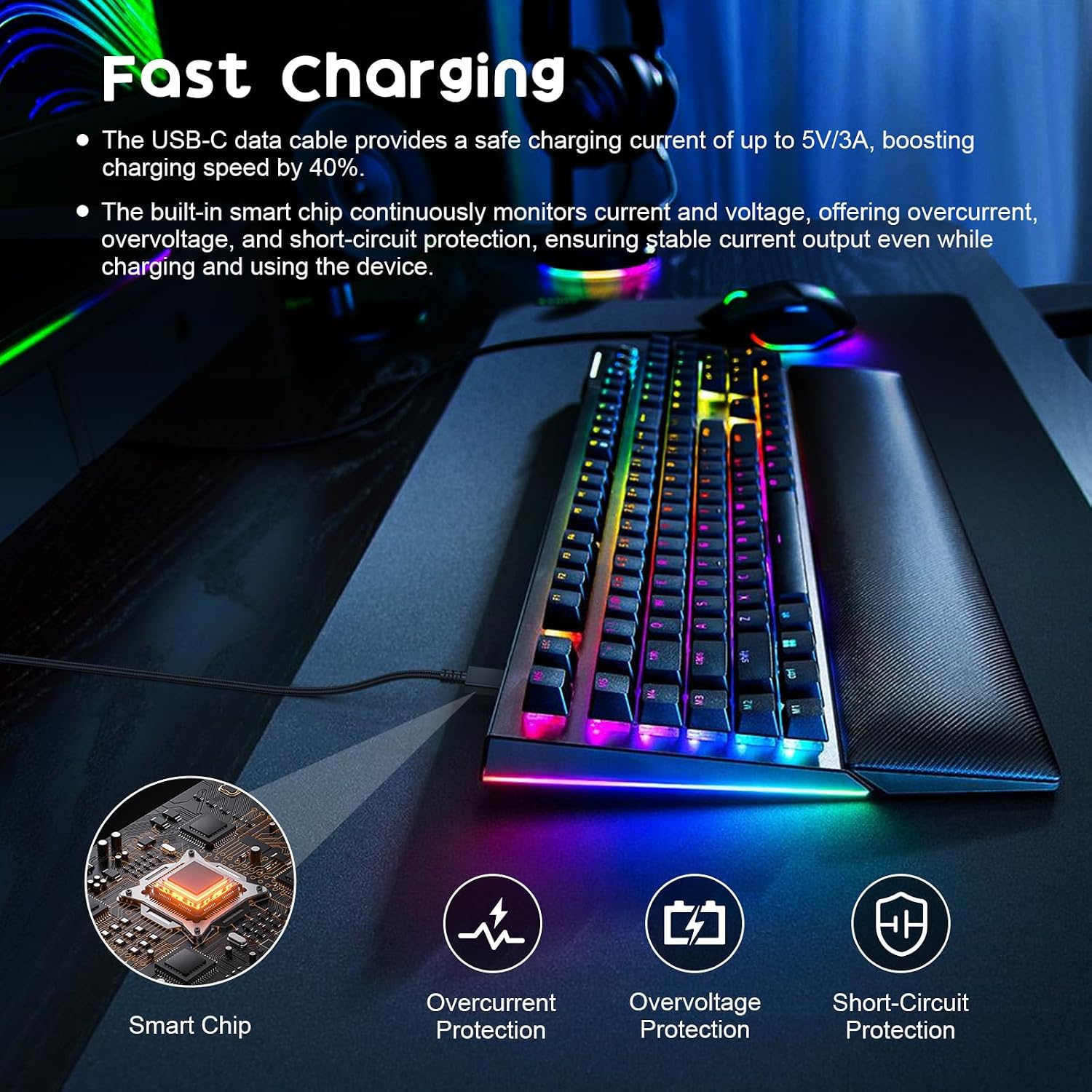 Type C Charging Cable Compatible with Razer BlackWidow V4 Pro, BlackWidow V4, Huntsman Mini, Huntsman V3 Pro TKL Gaming Keyboard, Wolverine V2 Chroma, Wolverine V2 Pro Gaming Controller, 5.9ft image 3