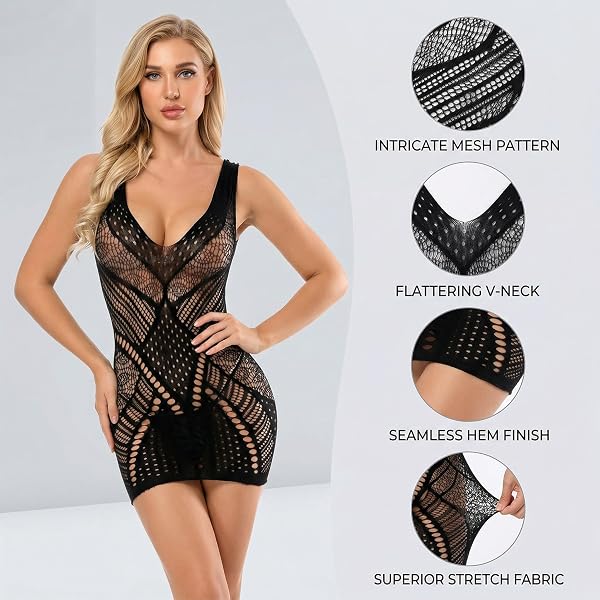 Women's Erotic Clothing, Bodycon Dress with V Neck and Transparent Mesh Inserts - 5
