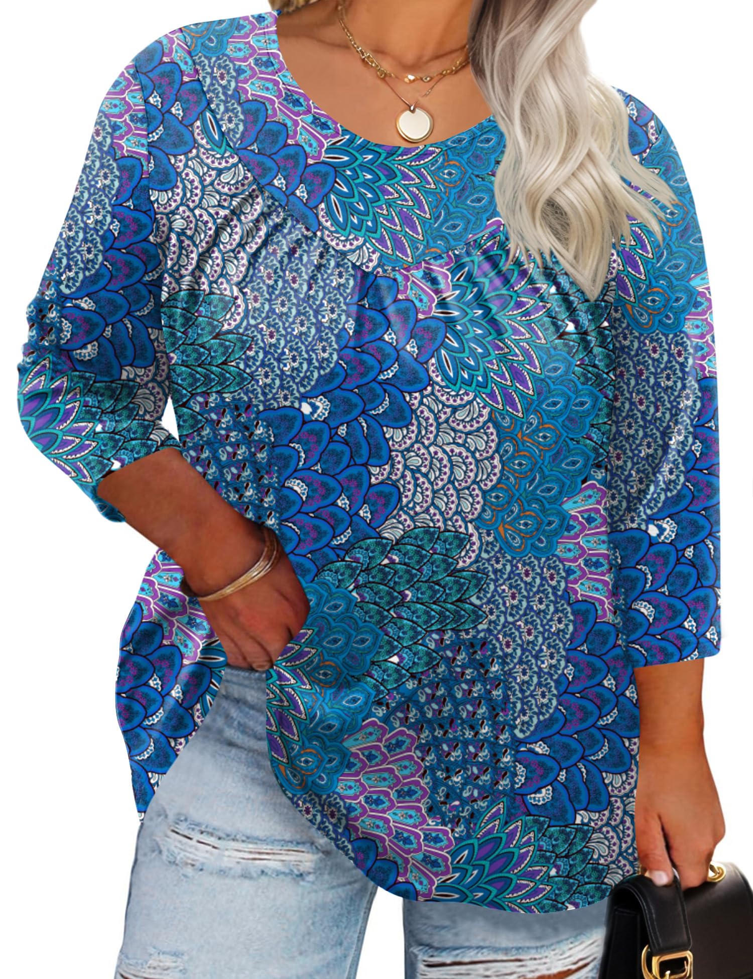 TFSDOD Womens Plus Size Tops 3/4 Length Sleeve Blouses Crew Neck Shirts Casual Loose Tunic Tops 1X-5X