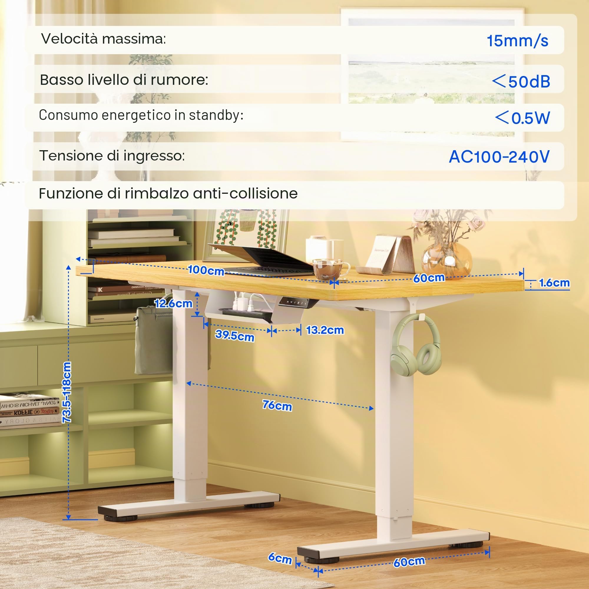 FLEXISPOT Scrivania Regolabile In Altezza Elettrica 100x60cm, Scrivania Regolabile In Altezza A 2 Livelli Con Gancio E Promemoria Seduta-Stand (Acero, Struttura Bianca)