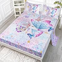 Vista 14 de Juego de sábanas de 4 piezas ajustadas y planas para niñas, estampado de mariposas y flores rosas con 1 + 2 fundas de almohada para cama individual