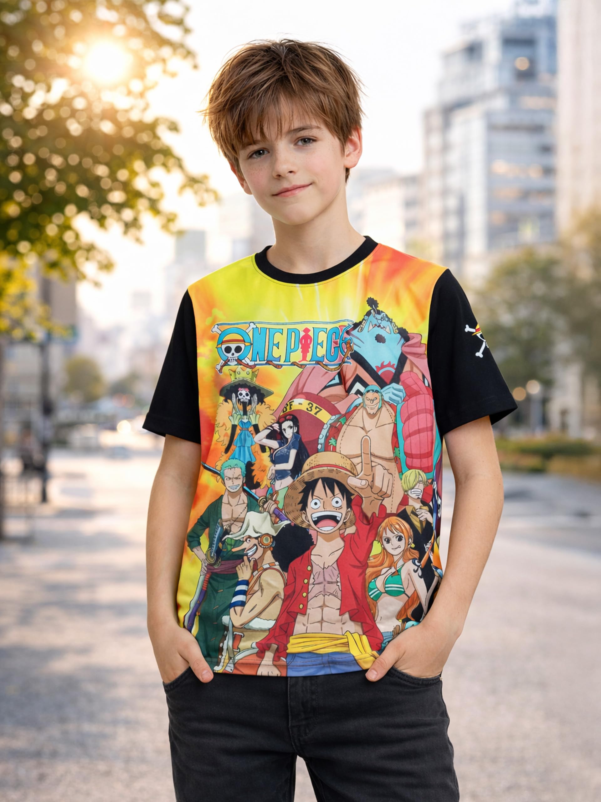 One Piece T-shirt dla chłopców - Crew Print Top dziecięca koszulka z krótkim rękawem czarna