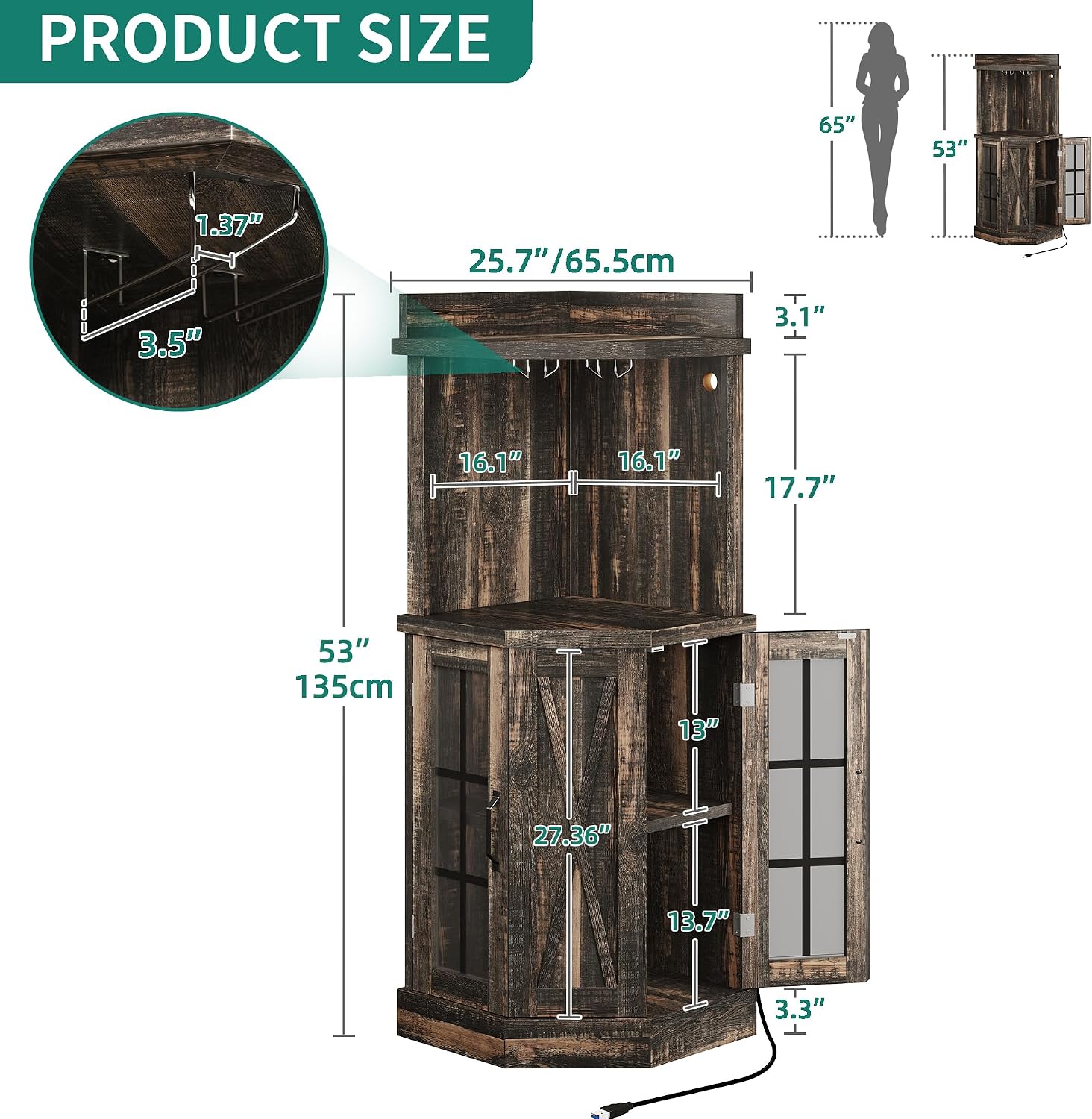 YITAHOME 53" Farmhouse Corner Wine Bar Cabinet 4-Tiers Liquor Cabinets with LED Lights and Glass Door and Glass Holder for Home Kitchen and Living Room, Dark Rustic Oak