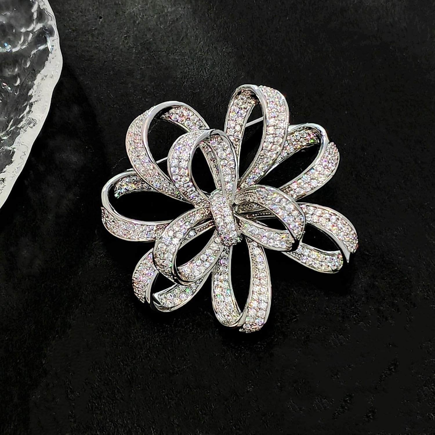 Vintage Silver Tone Micro Pave Crystal Floral Shaped Ribbon Brooch Wedding Pin Jewelry