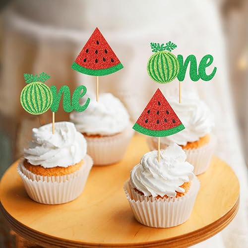 Miniatura 6 de Ercaio - Paquete de 24 piezas de decoración para cupcakes de sandía con purpurina uno en un melón, selecciones de sandía para magdalenas, temática