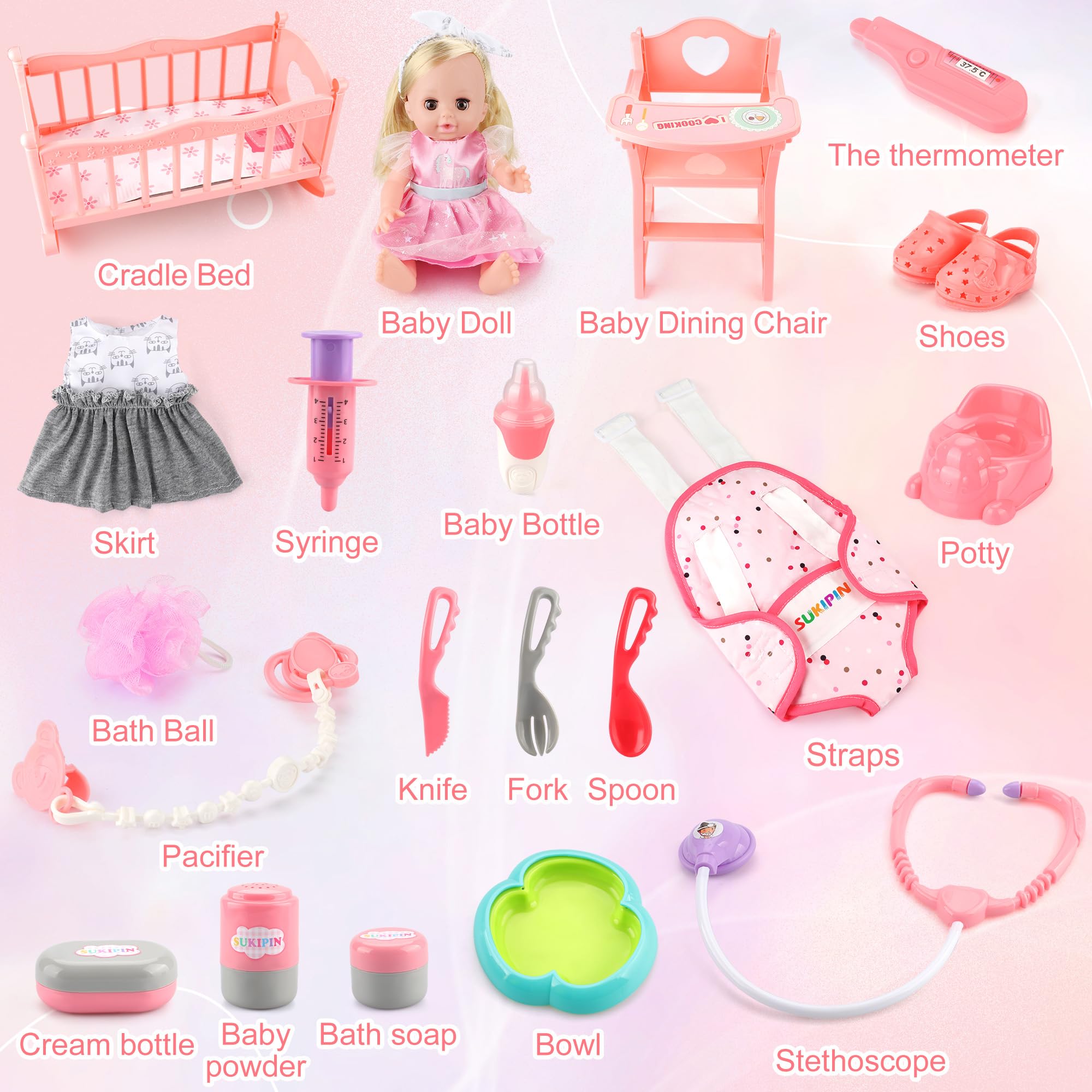 SUKIPIN Baby Doll Playsets for Girls, Baby Doll with Accessories Set for Girls 3-5, Baby Doll Set for 3 4 5 Year Old Girls Gifts, Stocking Stuffers for Toddlers Kids (Doll Playset)