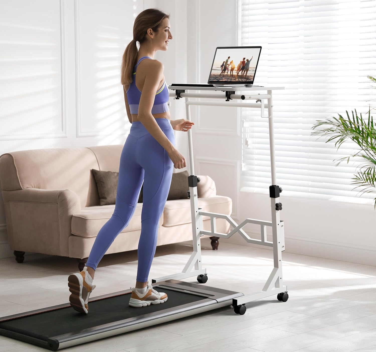 Oransail Small Standing Desk with Wheels, 29.5-45.3 Inch Adjustable Height, Portable Treadmill Desk, Rolling Computer Table for Walking Pad with a Cup Holder and a Hook White