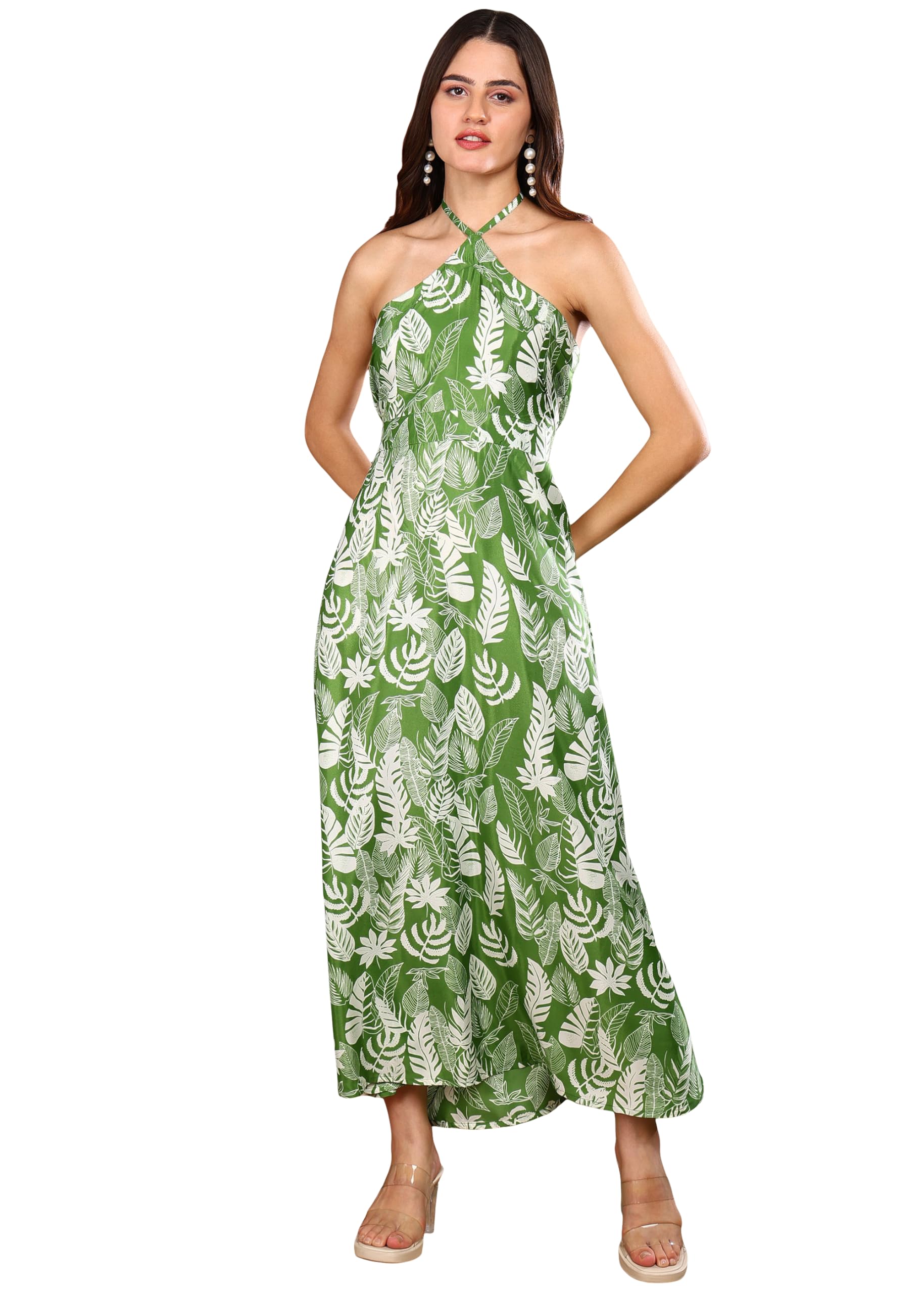 Women’s Microfiber Halter-Neck Maxi Dress | Green Leaf Print | Tie-Up Neck, Elasticated Waist, Sleeveless | Casual, Beach & Resort Wear-image-31