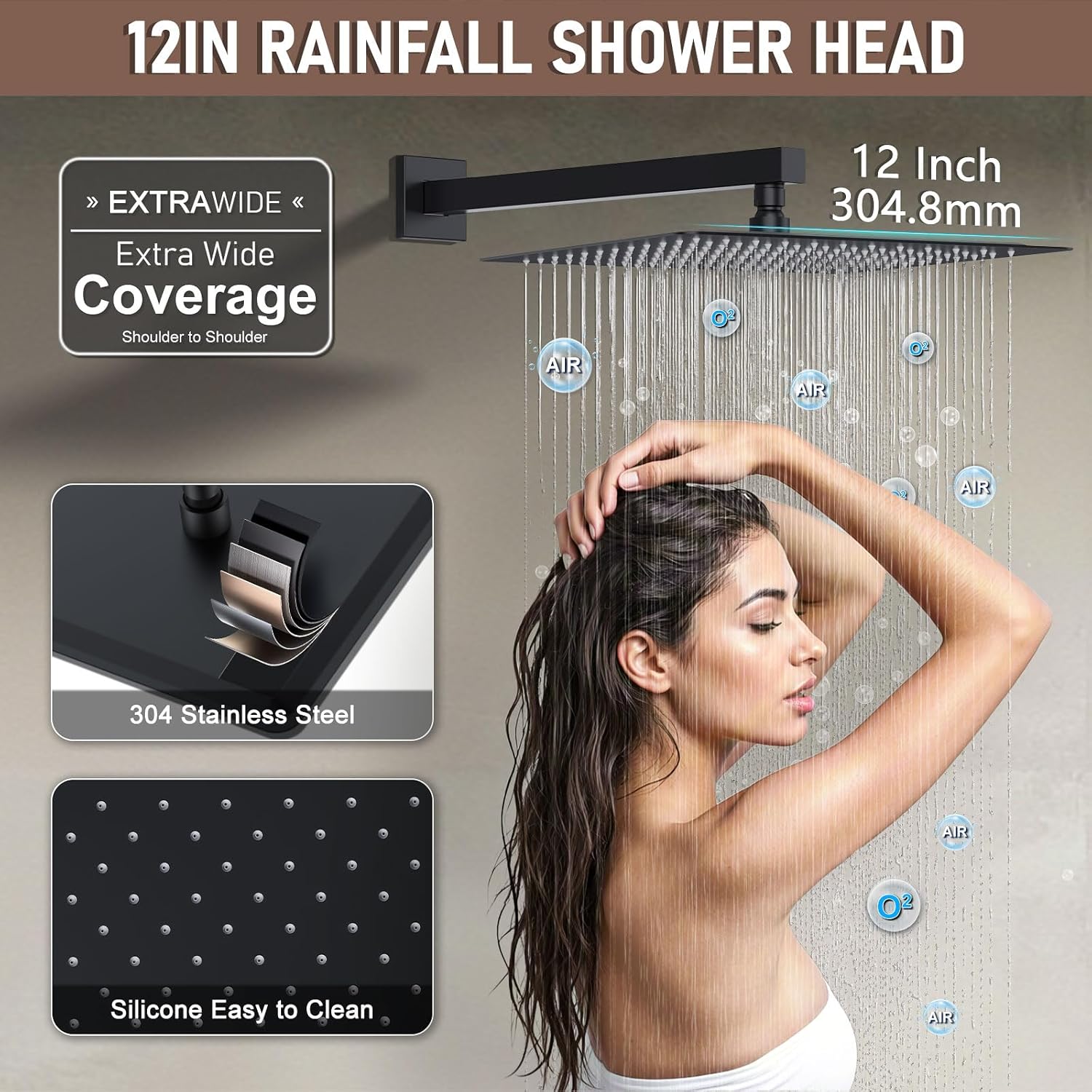 Shower Faucet Set Matte Black Shower System, Push Button Diverter 3-Way Shower Valve Kit, Wall Mount 12 Inch Overhead Shower Head with 6 Inch Side Spray Shower Head, 4 Modes Flow Handheld Shower