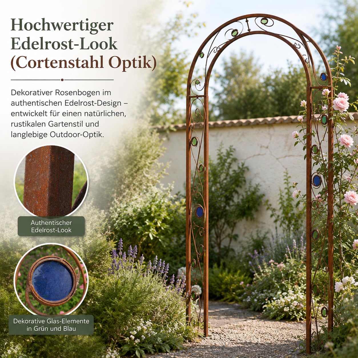 ZenMan Edelrost Rosenbogen aus Metall – Rost Gartenbogen Rankhilfe B120:H220 :W30 cm – Cortenstahl Optik Torbogen für Kletterrosen, Rankpflanzen & Gartendeko-031931