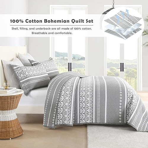 Miniatura 3 de Juego de edredón bohemio tamaño Queen  100% algodón gris bohemio colcha tamaño Queen reversible ligero juego de edredón funda de edredón de cama