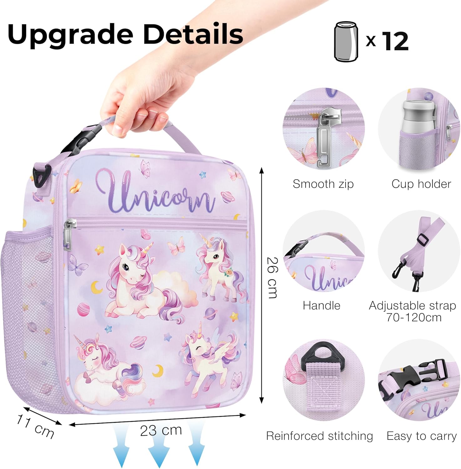 Clastyle Princess Insulated Kids Lunch Bag Large Thermal Cooler Bag for Girl Picnic School Toddler Lunch Box Tote,Purple Unicorn - Image 6
