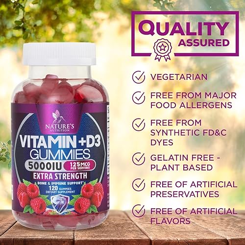 Miniatura 7 de Gomitas de vitamina D3 de 5,000 UI de 125 mcg - Extra fuerte para apoyar la salud ósea y el apoyo inmunológico natural - Deliciosa, sin OMG, sabrosa