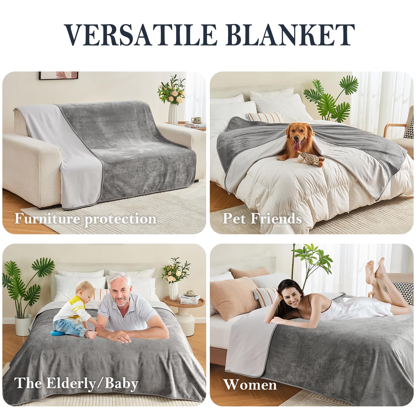 Yaning Waterproof Blanket 152x203cm for Adults Reversible Waterproof Bed Cover for Dogs Cats Pets Soft Leakproof Blanket for Bed Couch Sofa Furniture Protector Grey/Light Grey - Image 3