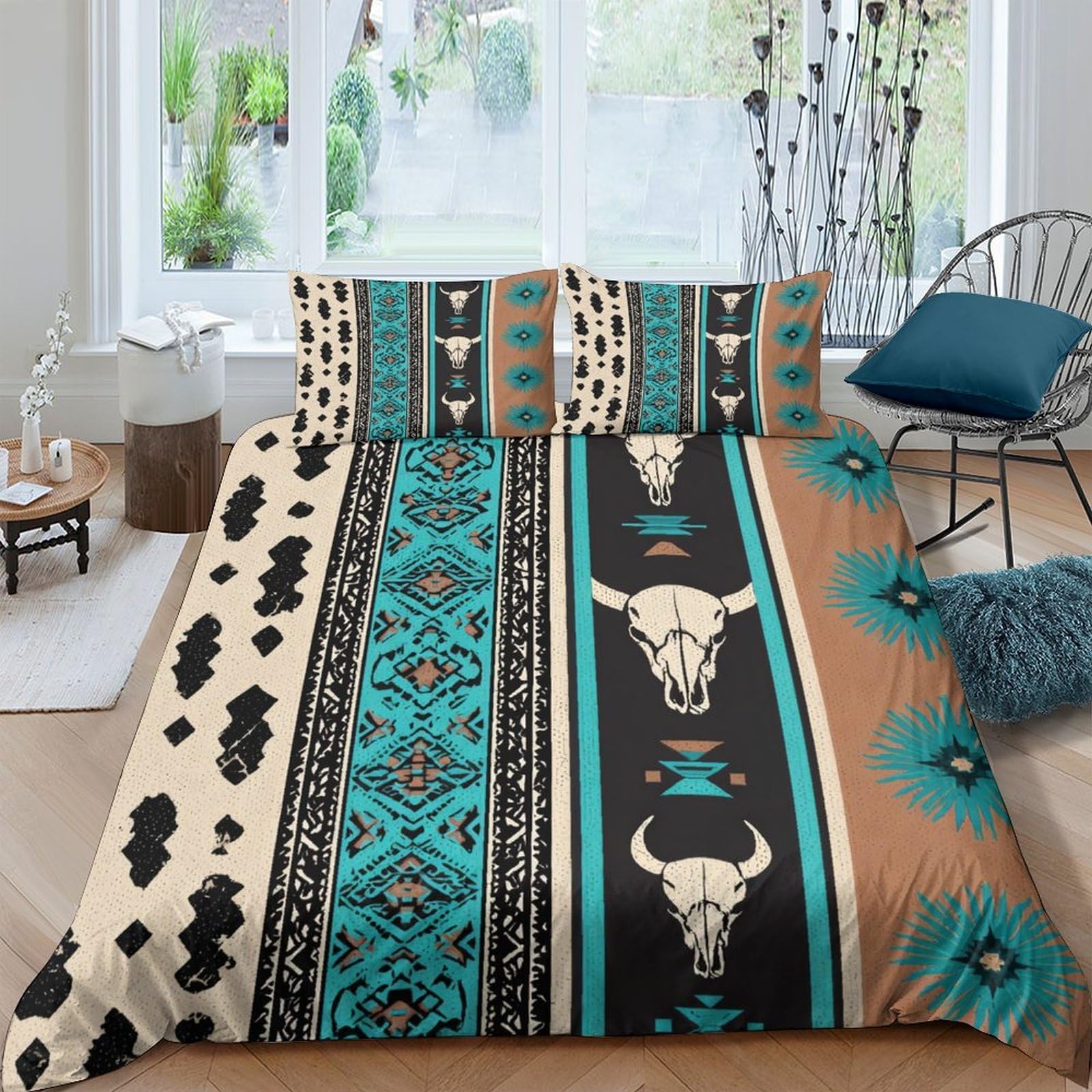 GPLZQXKJNH 3D Printed Western Cow Skull Duvet Cover Microfiber Soft Breathable Boho Tribal Bedding Set with 2 Pillowcases for Bedroom Decor Single（135x200cm）