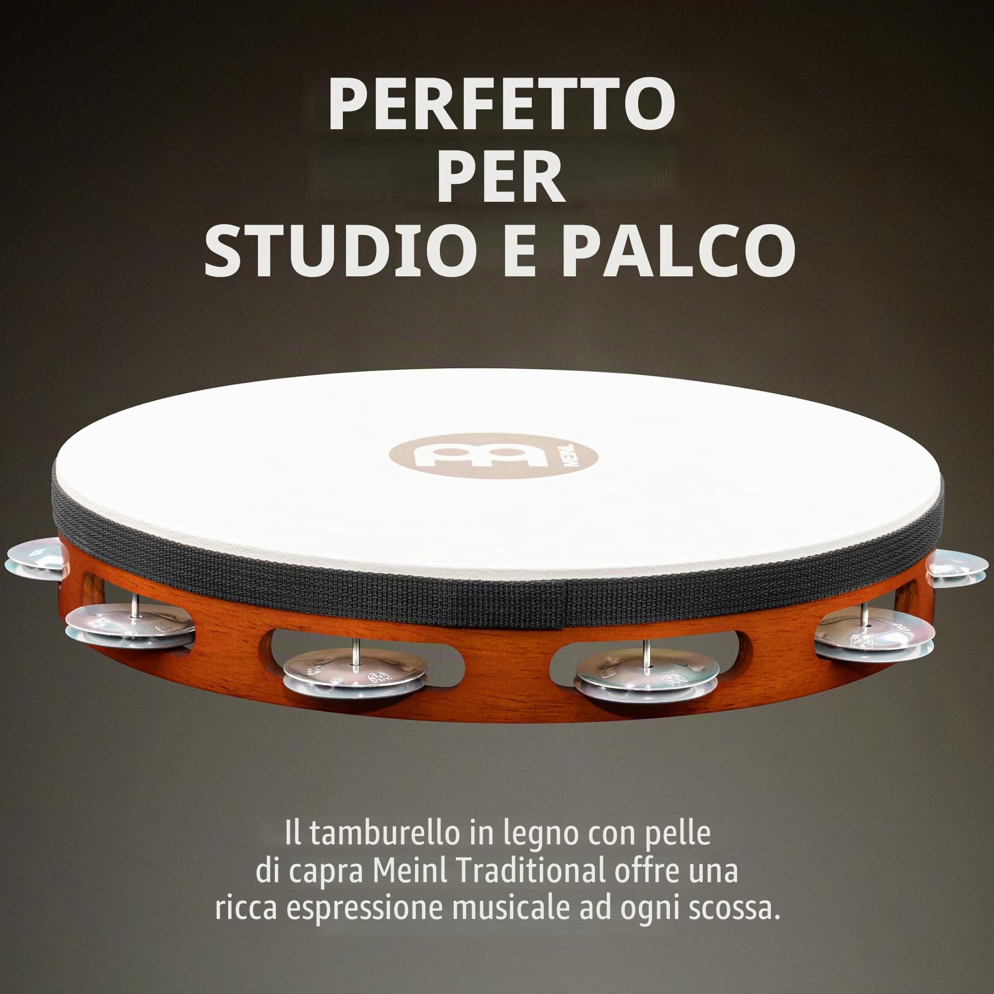 Meinl Percussion TAH1A-AB - Tamburello in legno con testa di Pelle e 1 Fila di sonagli d'alluminio nel telaio, Diametro: 25,40 cm (10''), Colore marrone
