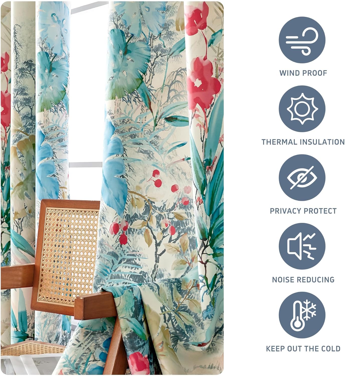 Watercolor Flower Plant Blackout Curtains Modern Floral Printed Window Drapes with Black Liner, Set of 2 Panels, 52x95 Inch